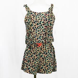 Wonder Nation Girls Leopard Print Ruffle Strap Romper Neon Animal Print XXL